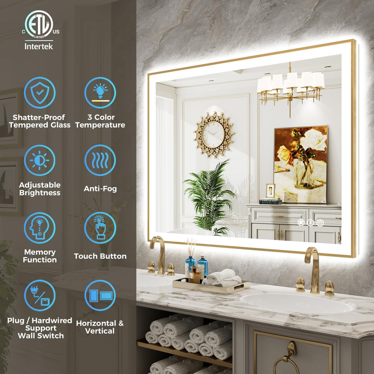 48x40 led bathroom mirror with lights, gold framed shown in use