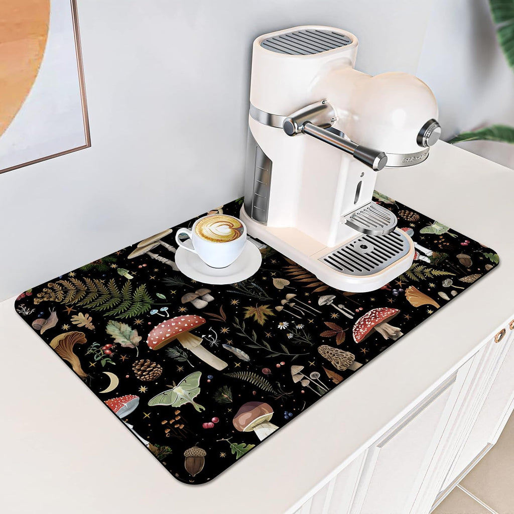 Mushroom Fern Leaves Berry Coffee Mat Dish Drying Mats, 20x12in | Vintage Botanical Nature Cafe Bar Mat Decor for Kitchen Counter, Draining Pad for Countertop, Gift Fit Under Coffee Maker