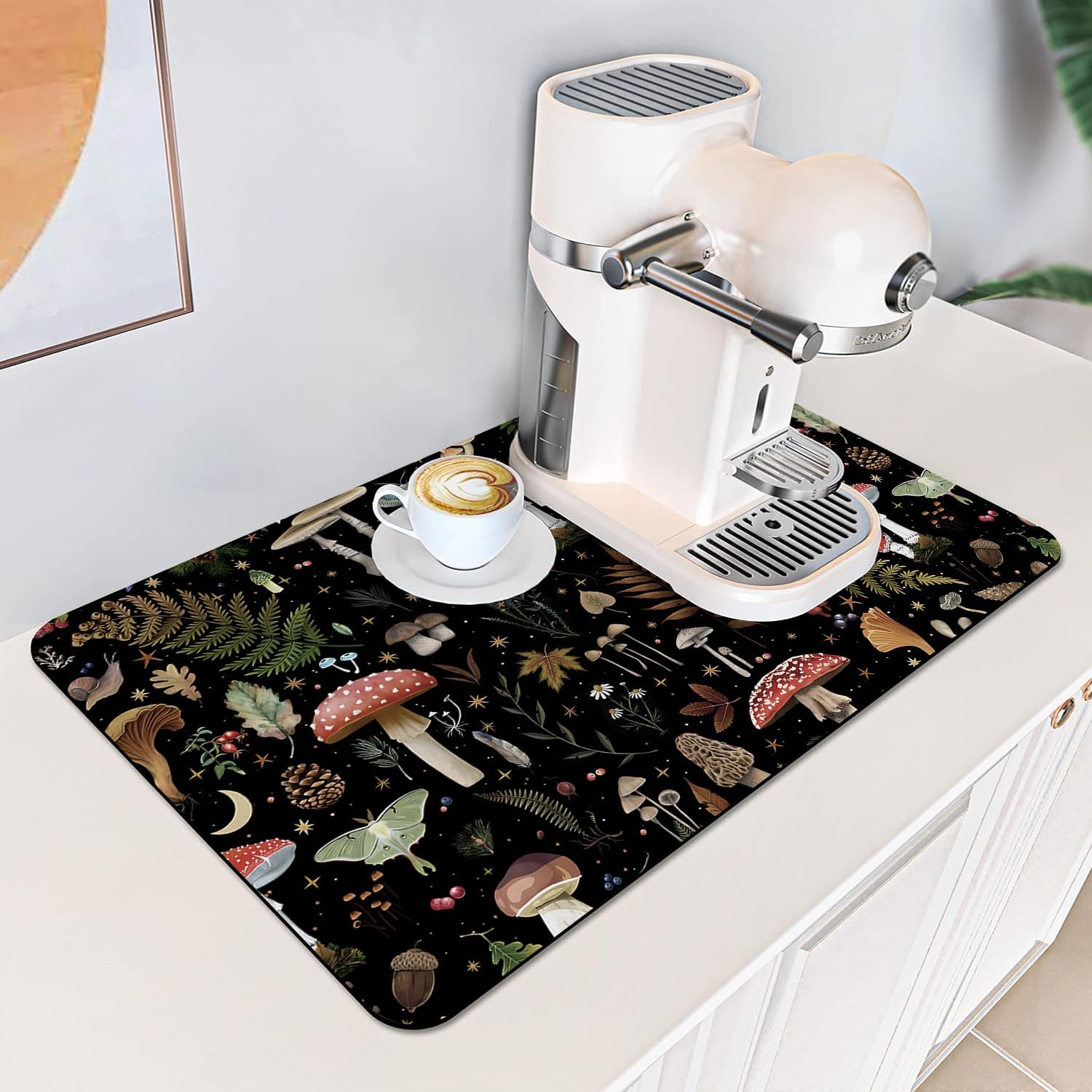 Mushroom Fern Leaves Berry Coffee Mat Dish Drying Mats, 20x12in | Vintage Botanical Nature Cafe Bar Mat Decor for Kitchen Counter, Draining Pad for Countertop, Gift Fit Under Coffee Maker