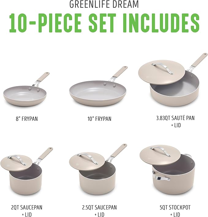 GreenLife 10-Piece Nonstick Ceramic Cookware Set, Lightweight Healthy PFAS-Free