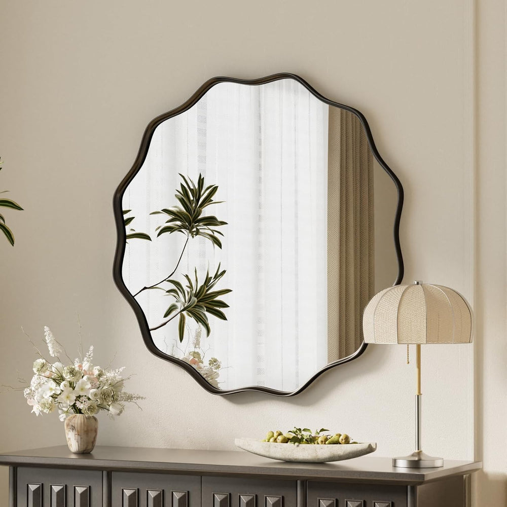 VooBang Black Scalloped Circle Mirror 20" Wavy Edge Round Wall Mirror