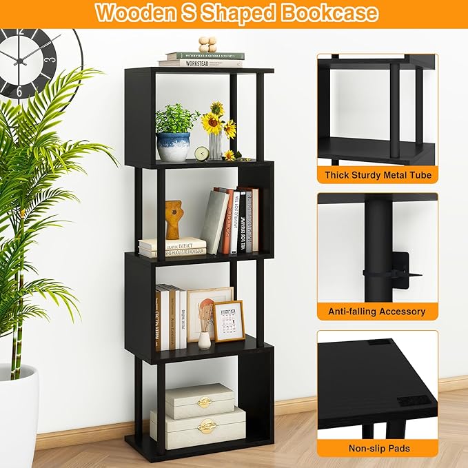 IBUYKE 5-Tier Tall Bookshelf,S-Shaped Geometric Bookcase, Wood Display Shelve...