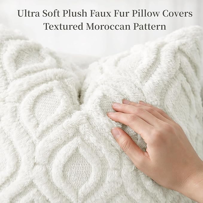 decorUhome Throw Pillow Covers 24x24 Inch Set of 2, Soft Plush Faux Wool Cream - Image 2
