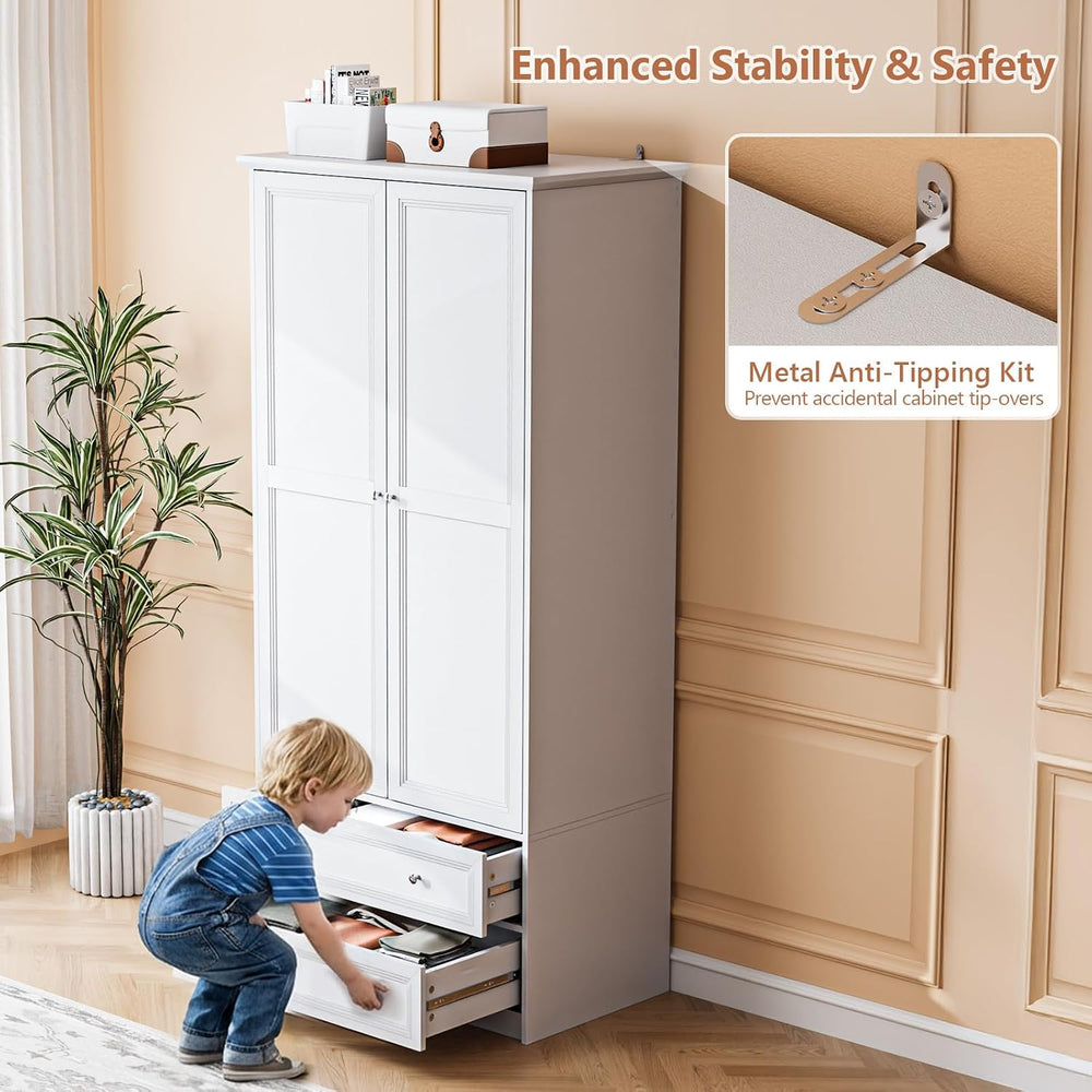 VINGLI 72" Wooden Armoire Wardrobe Closet with 2 Doors and 2 Drawers, White