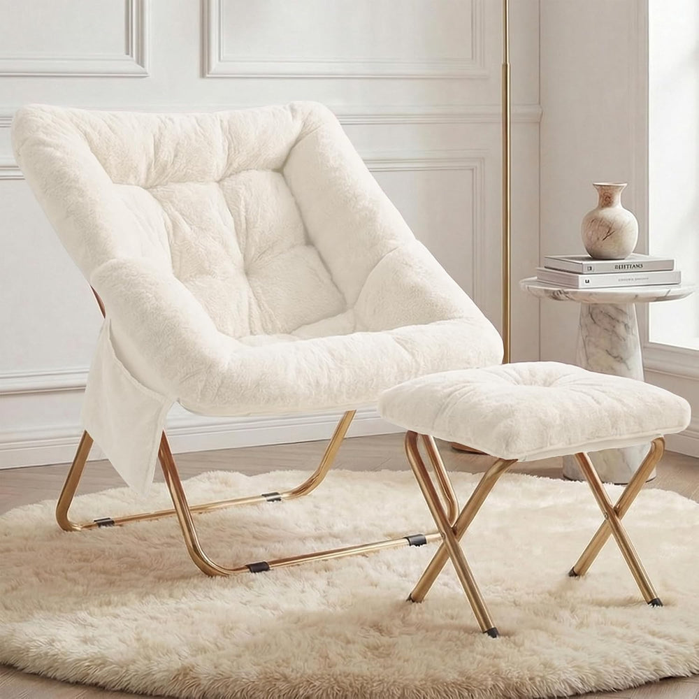 Comfy Saucer Chair for Adults, Foldable Living Room Chairs, Soft Faux Fur Lou...