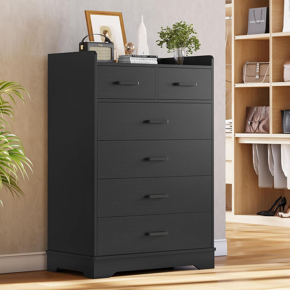 Black 6 Drawer Dresser, Wooden Storage Chest of 6 Drawers, Vertical Large Cap...