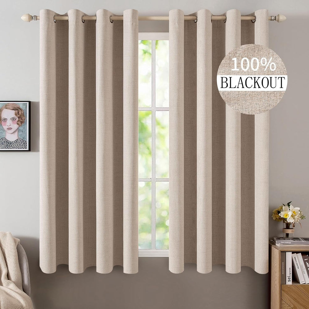 MIULEE 100% Blackout Linen Curtains for Bedroom 52x63 Inches Natural Beige