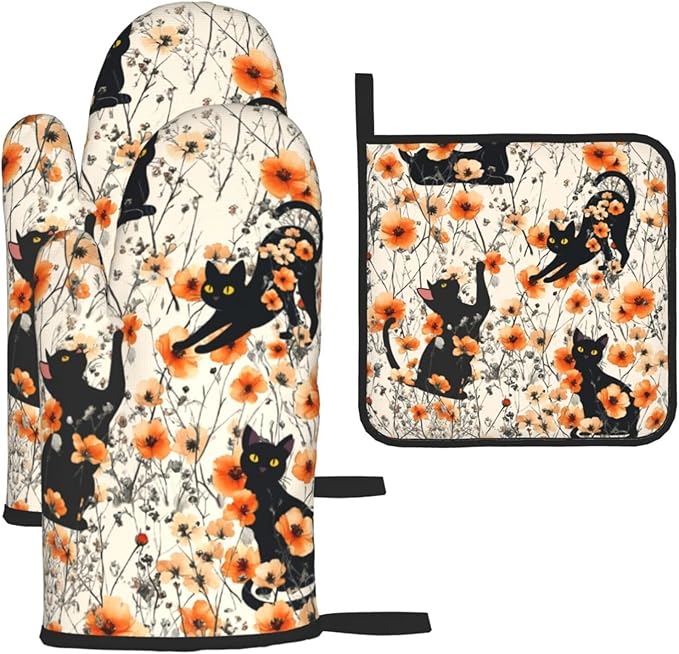 Orange Floral Pot Holders and Oven Mitts Set of 3, Cute Black Cat Kitchen by Unknown
