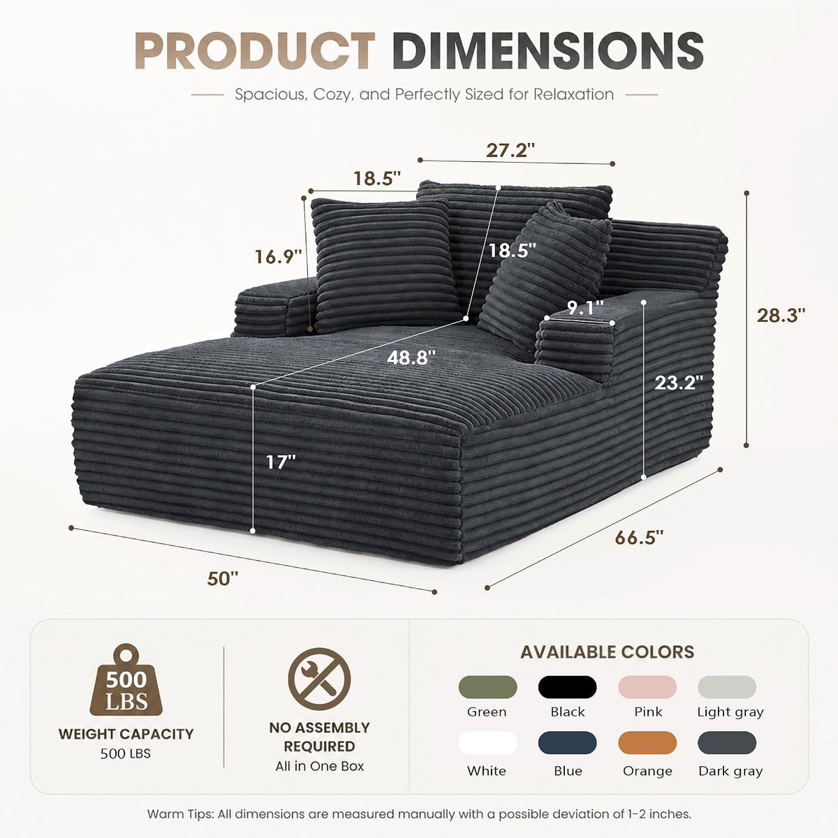 67" Chaise Lounge Chair Indoor, Corduroy Upholstered Reading Chair Oversized Boneless Chair with DeepSeat, Cloud Lounge Chair with 3 Pillows for Living Room, Bedroom, No Assembly Required