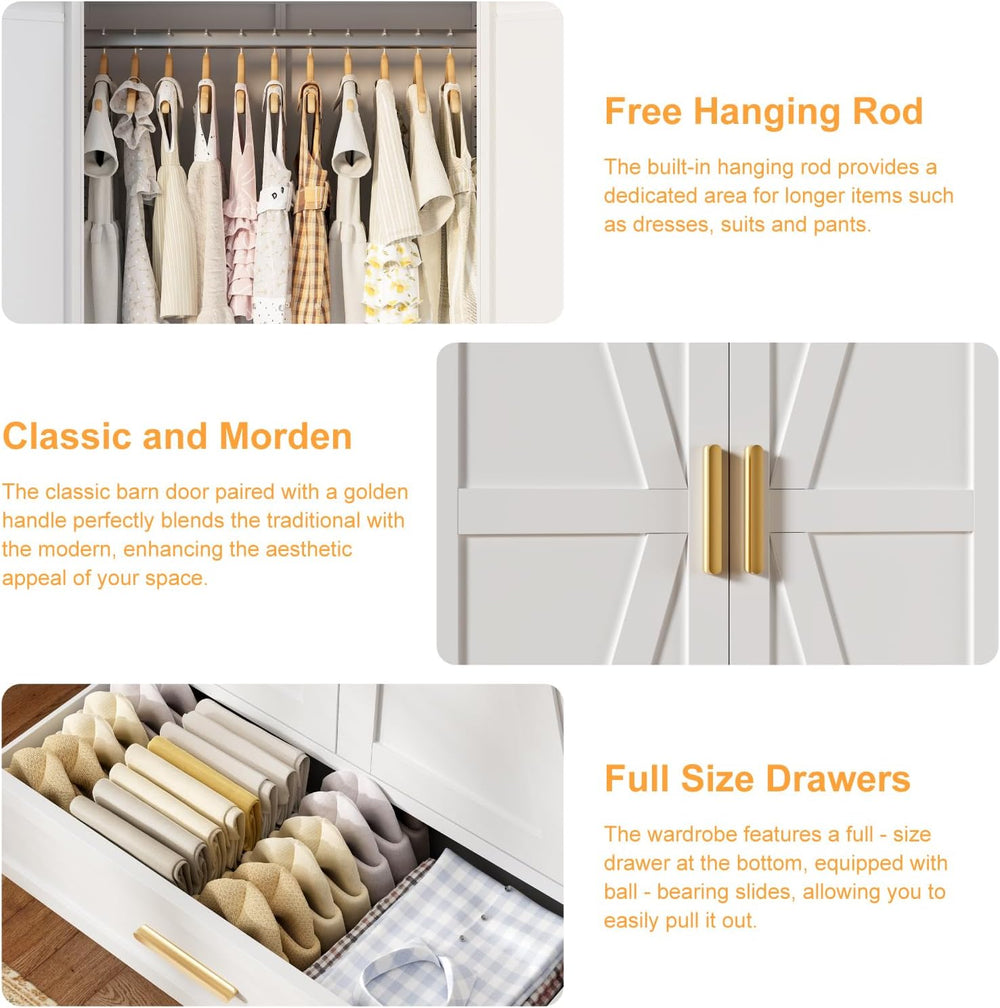 COFaR 71 Farmhouse Metal Wardrobe Closet with Hanging Rod, 2 Barn Doors, Adju...