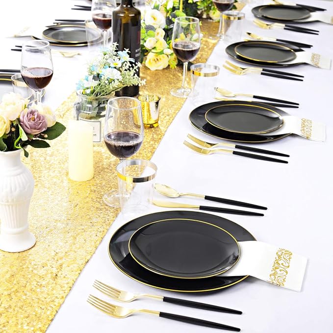 Supernal 350pcs Black Plastic Dinnerware Set - Black and Gold Plastic Plates,...
