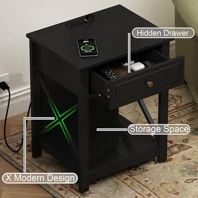 Treocho Black End Table Set of 2,Nightstand with Charging Station, X-Design S...