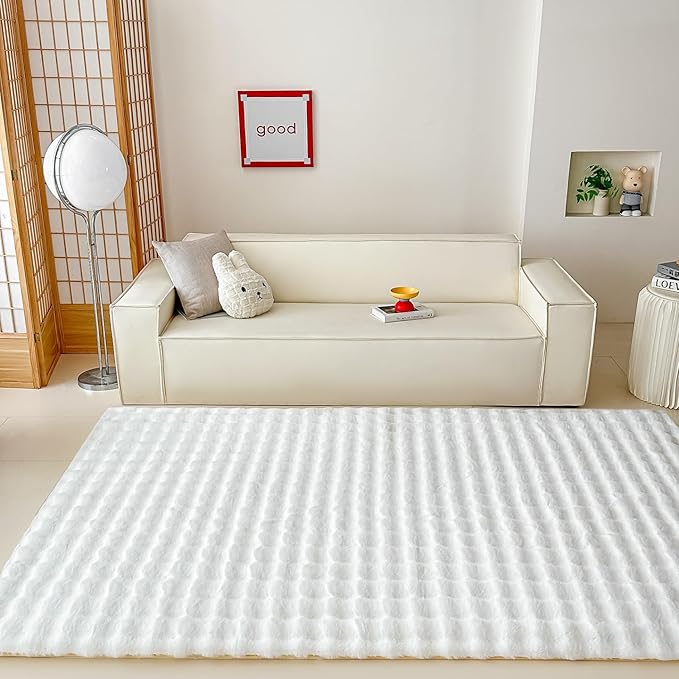 White Rabbit Plush Rug 5'x8', Fluffy Faux Fur Shaggy Area Rug - Image 2
