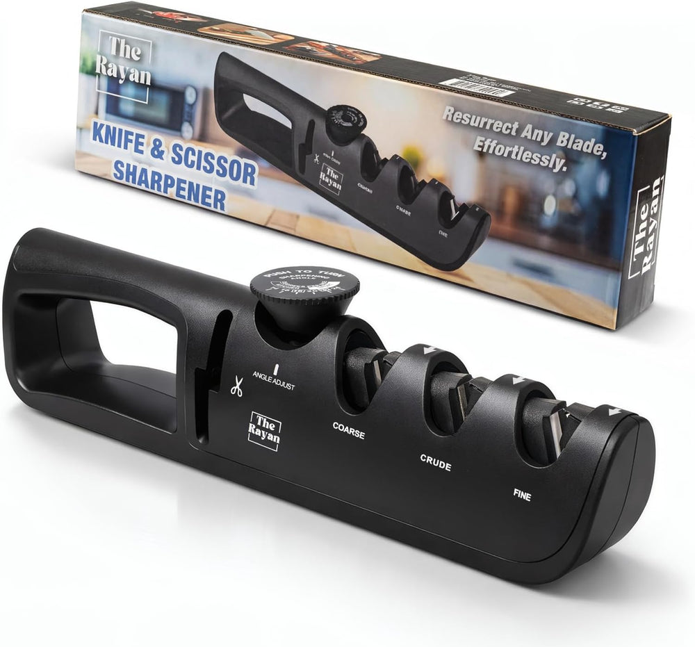 Knife Sharpener, 4-in-1 with Non-Slip Base and Adjustable Angle Guide, Steel