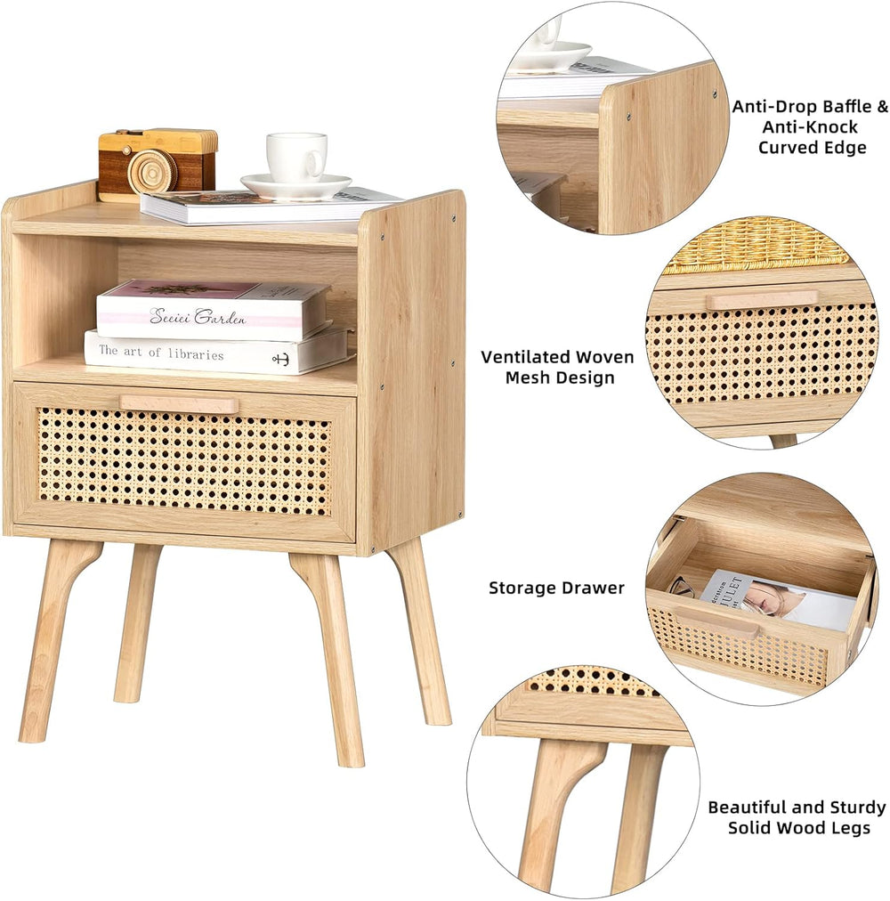 Lerliuo Rattan Nightstand, Boho Side Table with Drawer Open Shelf | Cane Acce...