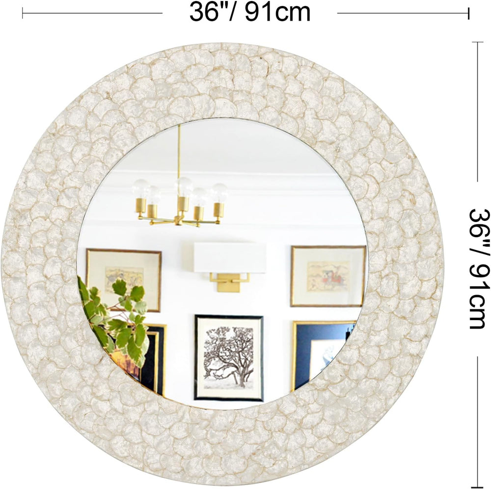 Round Coastal Mirror with Capiz Shell Frame, 36'' Large Circle Bathro...