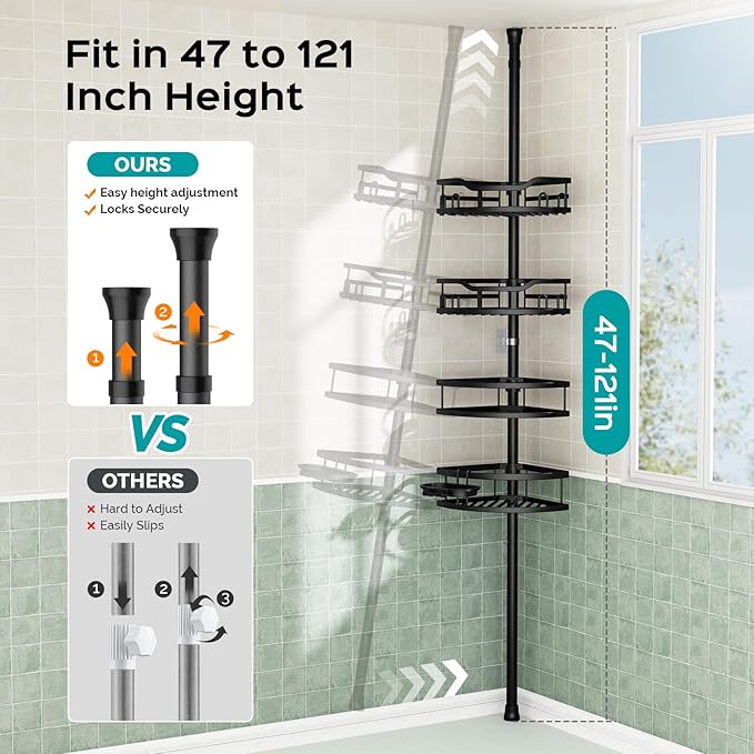 HAMITOR Corner Shower Caddy Tension Pole: Rustproof Stable 4-Tier Bathroom