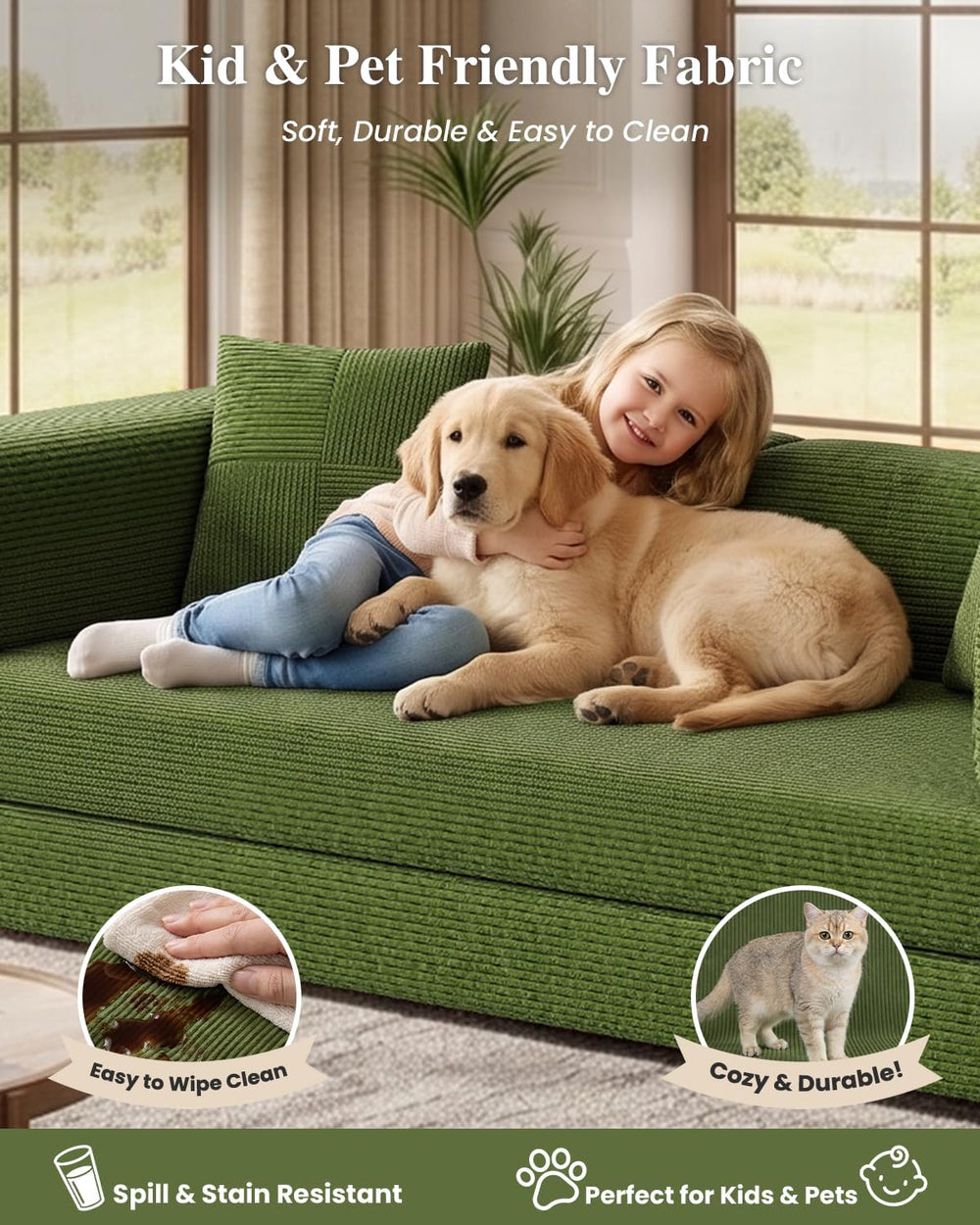 79.5" 5-in-1 Convertible Futon Sofa Bed, Boneless Corduroy, Green