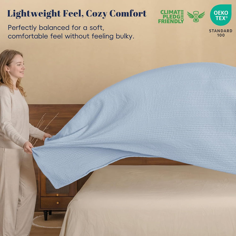 PHF Lightweight Waffle Weave Blanket King for Bed Sky Blue 104"x90"