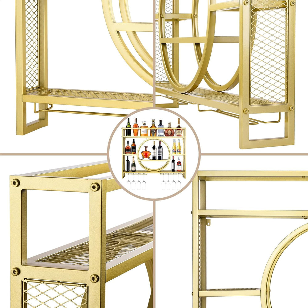 39in Wine Rack Wall Mounted, 3-Tier Metal Bar Shelves with Glass Holder | Mod...