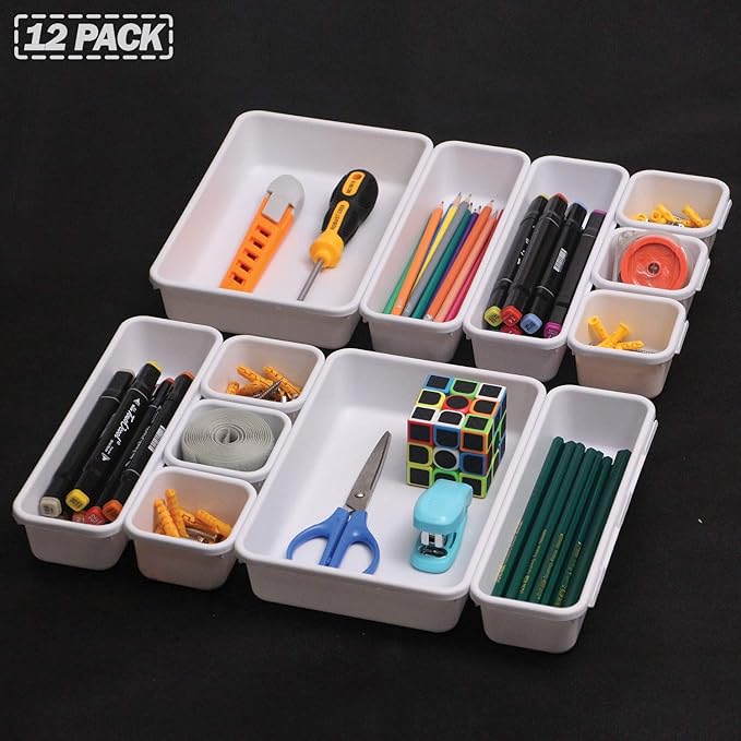 Set of 12 Interlocking Desk Drawer Organizer Tray Dividers Plastic Shallow - Image 7
