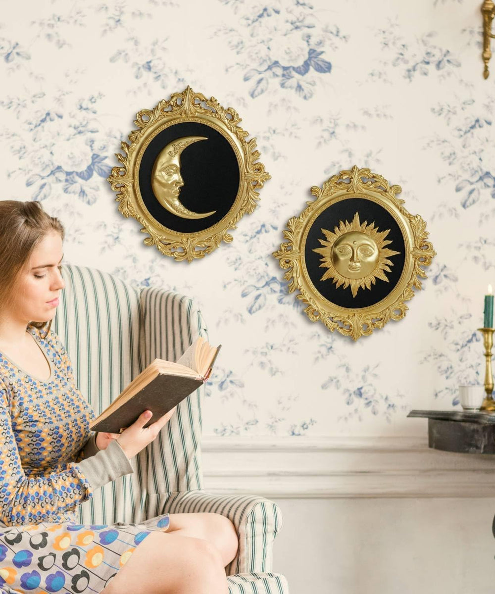 Putuo Decor Baroque Sun Moon Wall Decor Set, 2-Piece 3D Ovals Gold Resin Reli...
