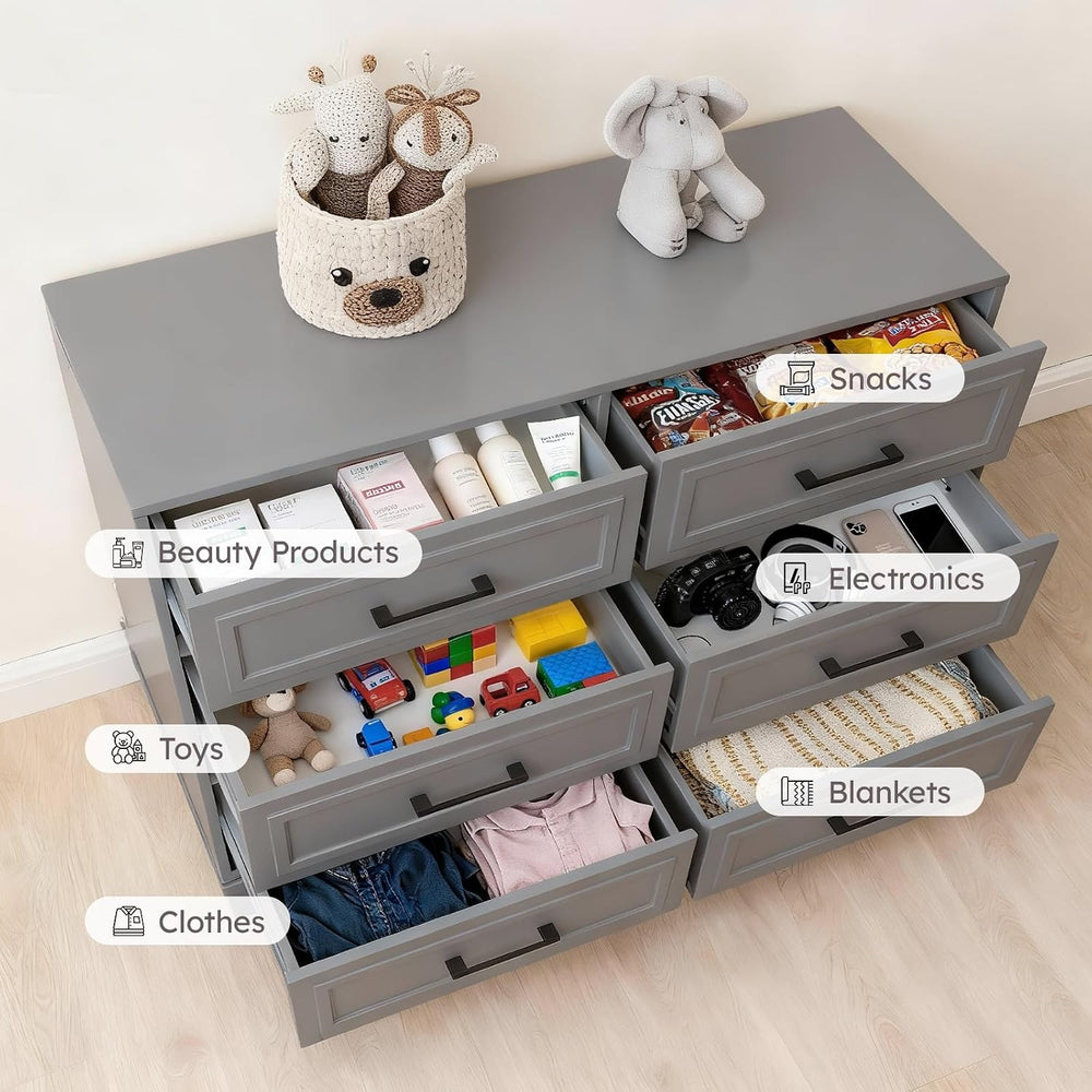 Grey Dressers for Bedroom, 6 Drawer Wood Chest, Wide Farmhouse Dresser