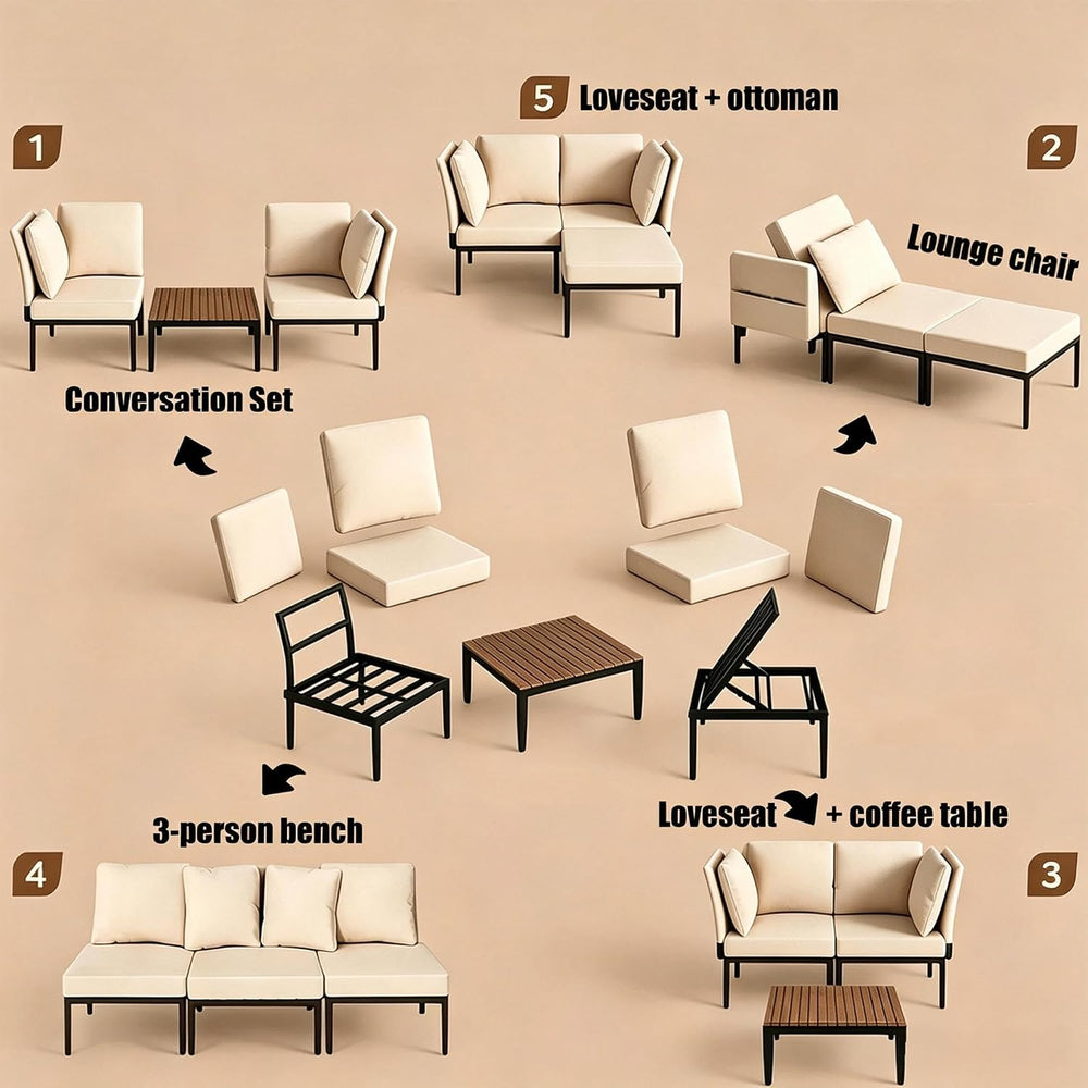 6 in 1 Outdoor Sectional, Aluminum Patio Loveseat with Coffee Table
