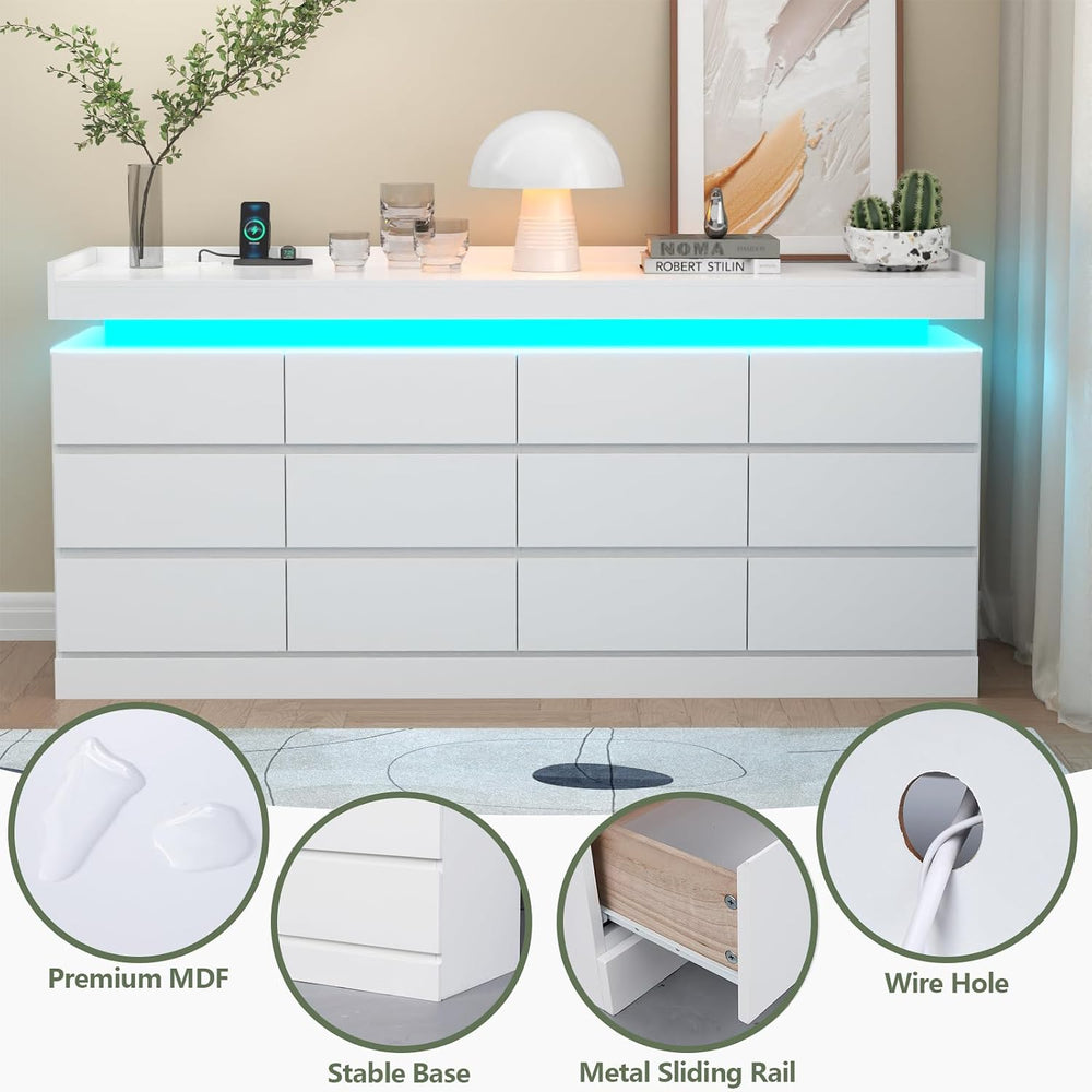 Gyfimoie 12 Drawer Dresser with Power Outlet, Modern Dresser with LED Light