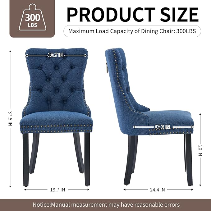 Blue Dining Chairs Set of 6, Upholstered Tufted Linen Fabric Dining Room Chai...