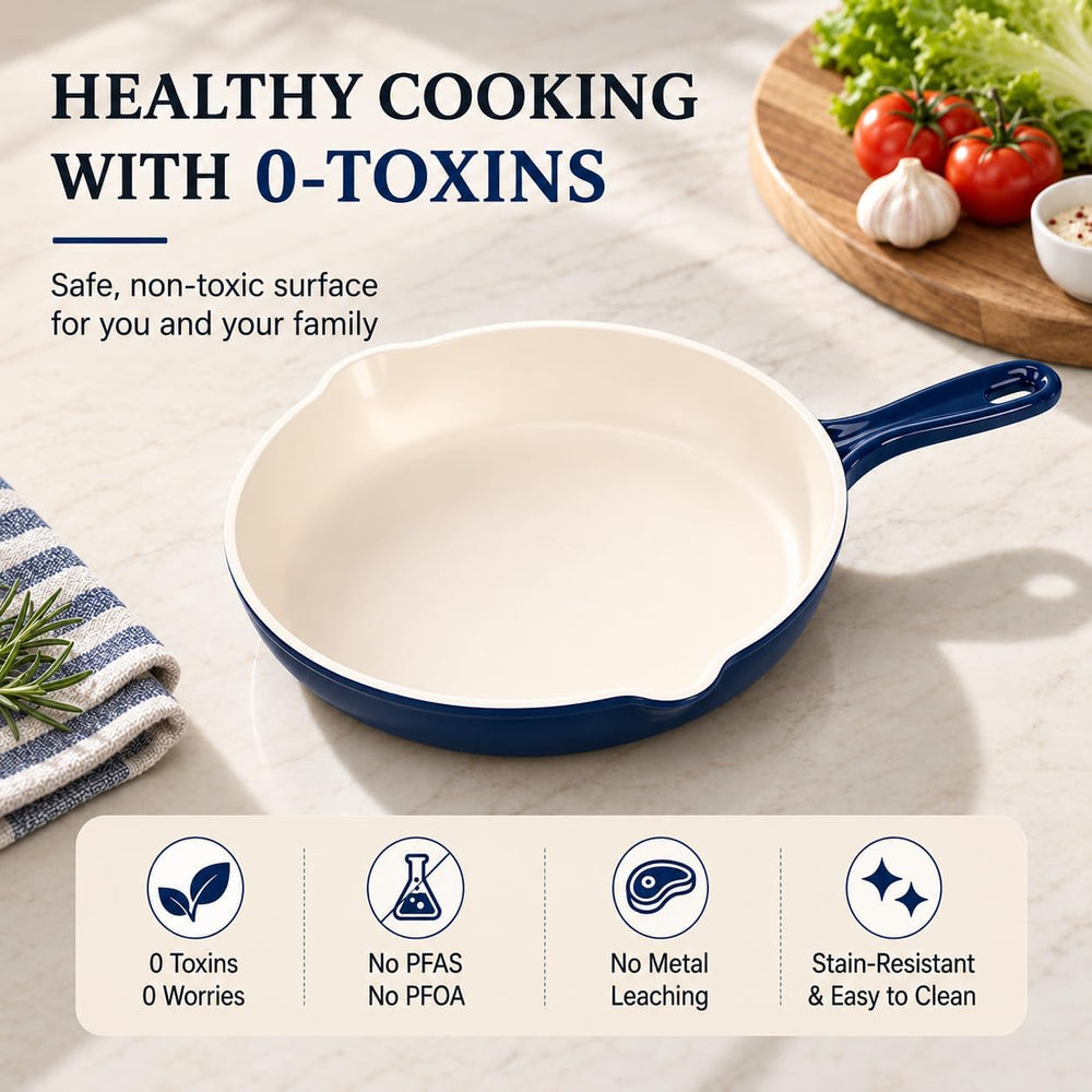 Hisencn Pans Set,8 & 9.5 Inch Ceramic Cast Iron Pans Set,Blue