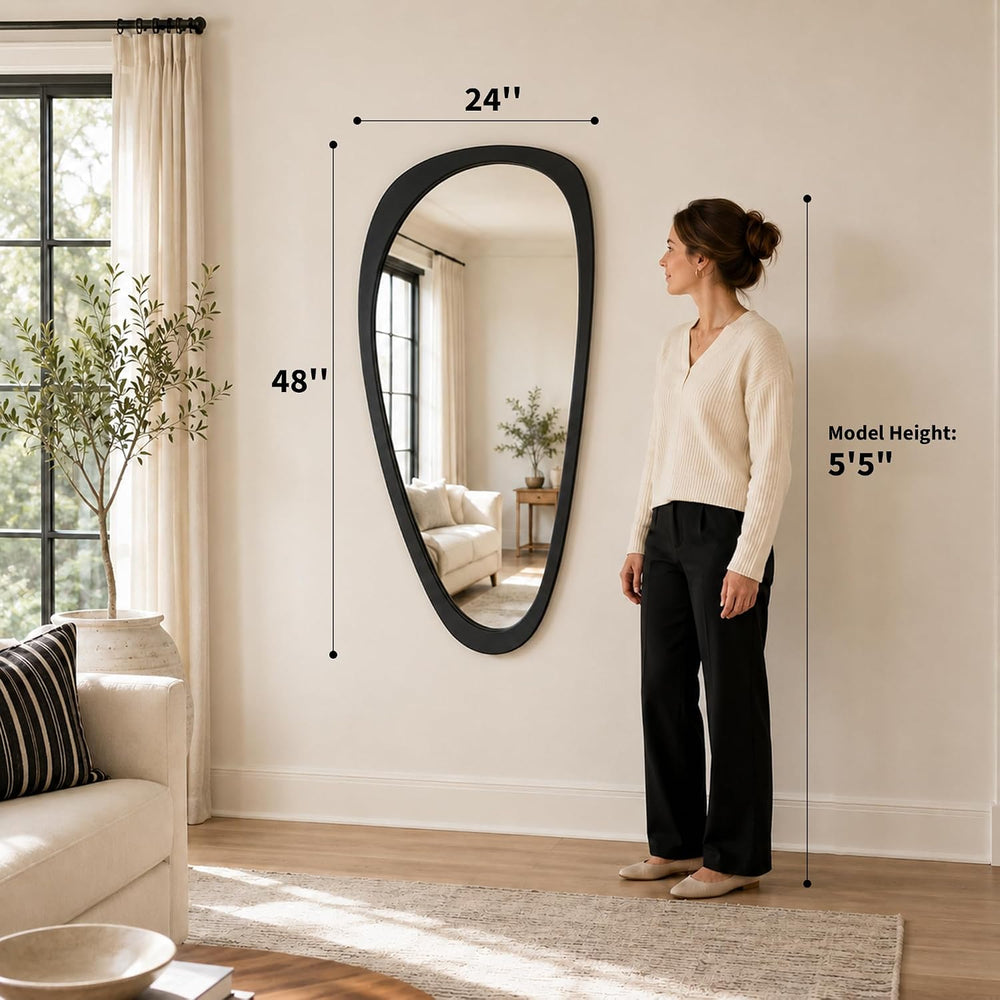 48x24 Inch Matte Black Large Irregular Solid Wood Wall Mirror