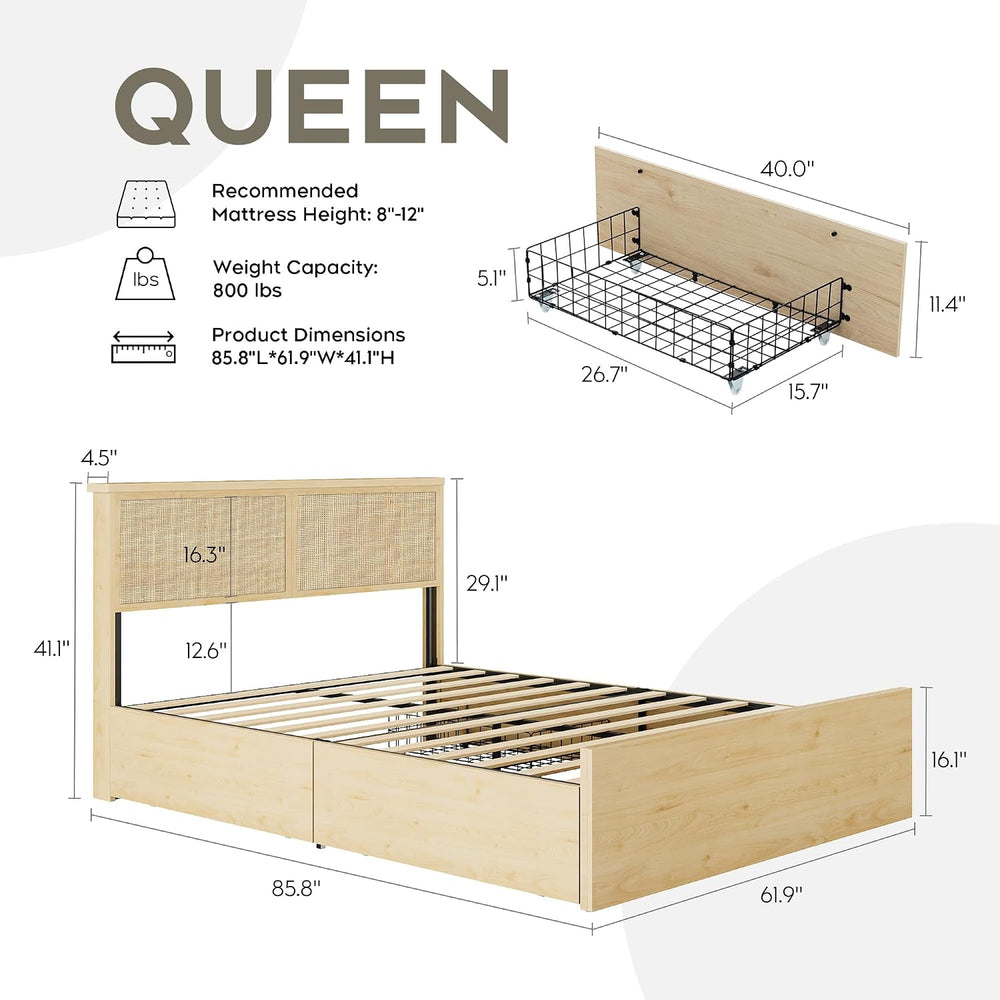 Queen Bed Frame with Natural Rattan Headboard and Wooden 4 Storage Drawers, M...
