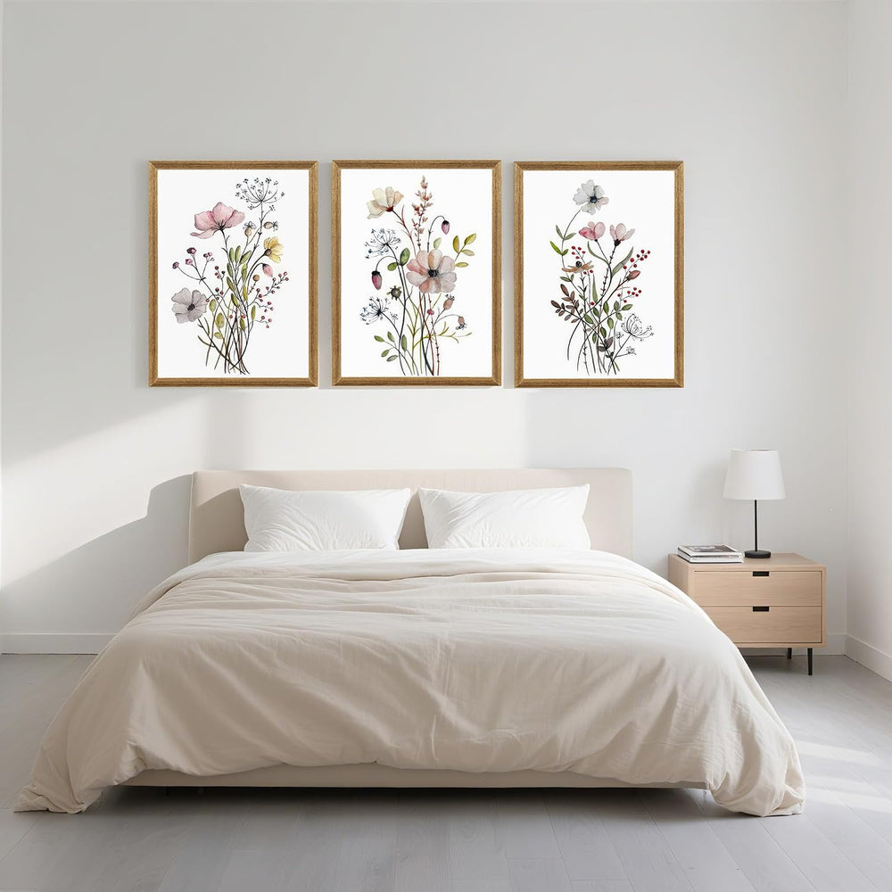 WRFON Framed Botanical Canvas Wall Art Set of 3, Watercolor Floral Prints, Fr...