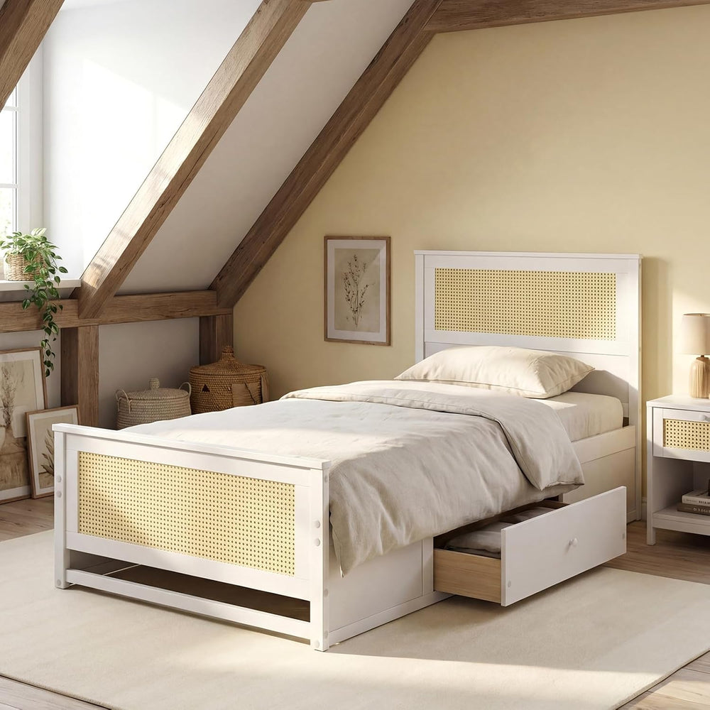 KOMFOTT Twin Rattan Bed Frame with 2 Storage Drawers, Boho Wooden Platform Be...