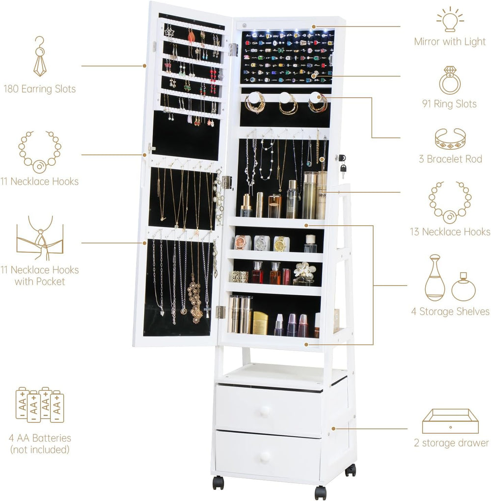 Jewelry Armoire Cabinet Organizer Standing with 20 LED Lights