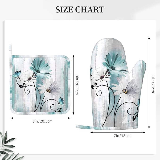 Teal Daisy Oven Mitts Pot Holders Set Silicone Heat Resistant Farm Teal Daisy - Image 3