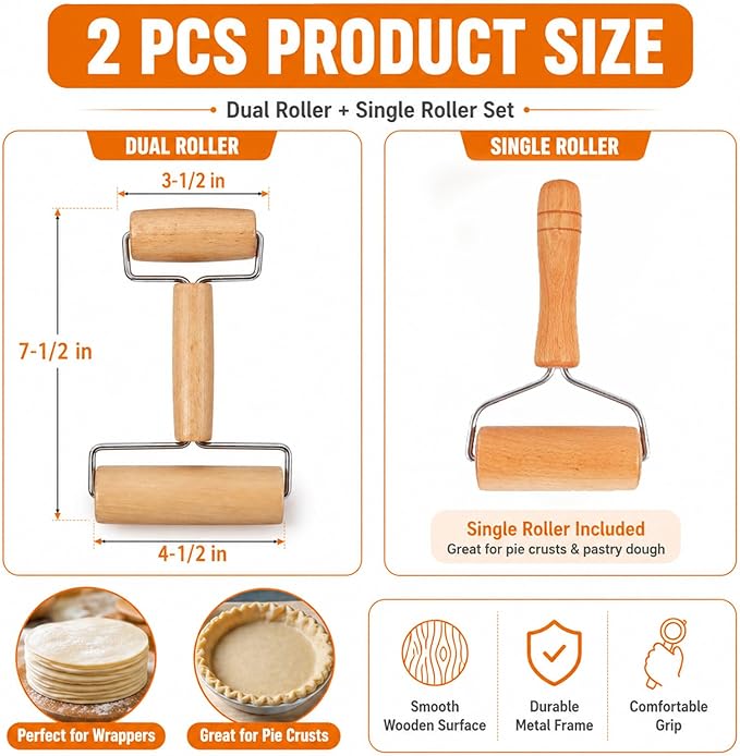 Small Wooden Rolling Pin for Baking, 7 Inch Mini Dough Roller, Non Stick Pizza - Image 3