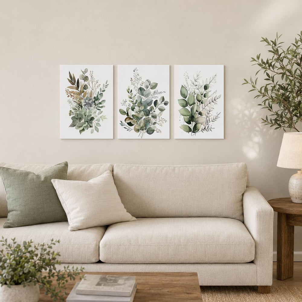 Bwodke Sage Green Botanical Canvas Wall Art Set of 3, 12x16 inch
