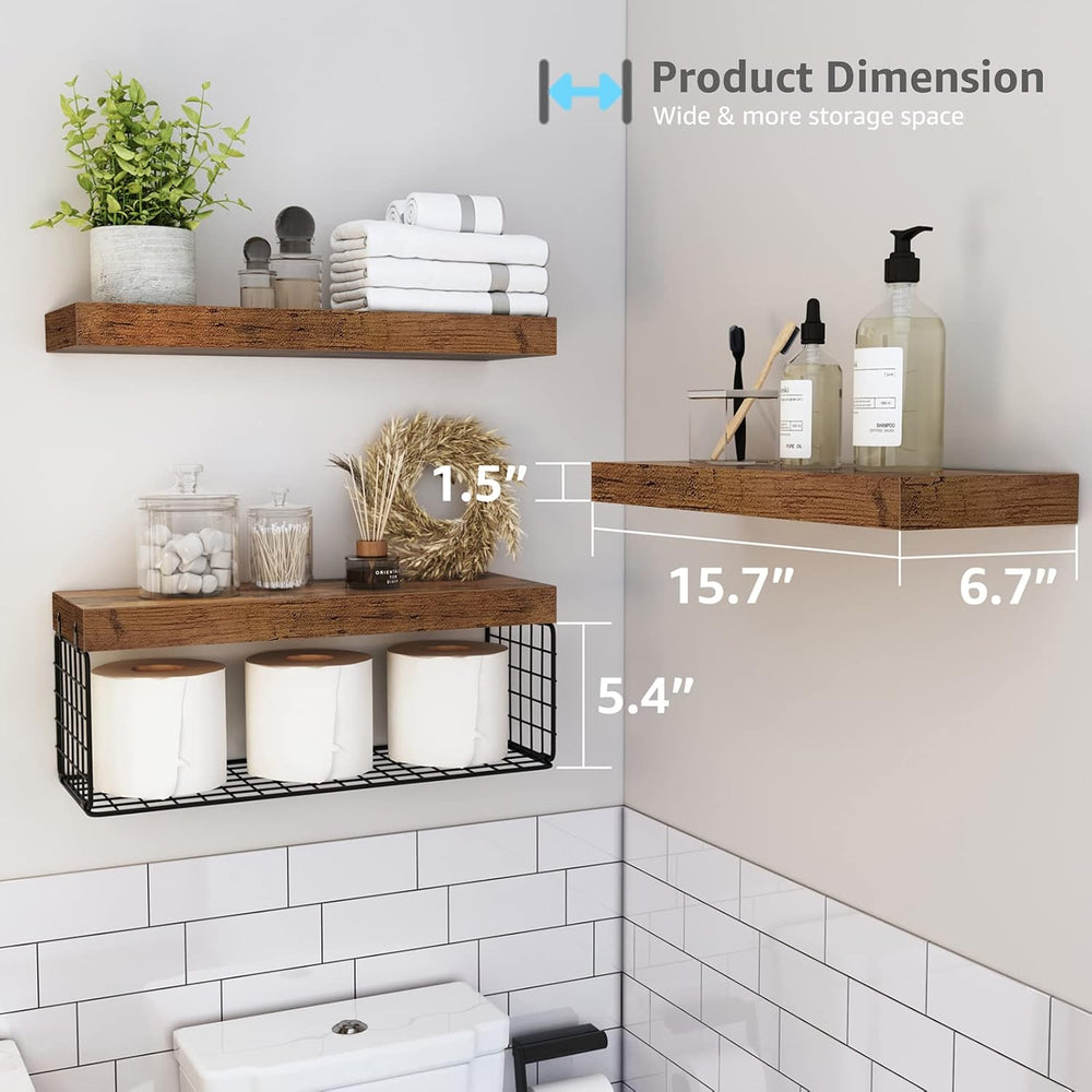 QEEIG Bathroom Shelves Over Toilet Wall Mounted (Brown, Set of 3, 15.7")