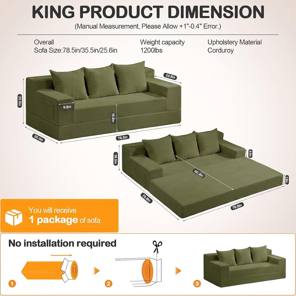 3 Seater Boneless Couch Sofa Bed, 78'' Corduroy Oversized Loveseat Fo...