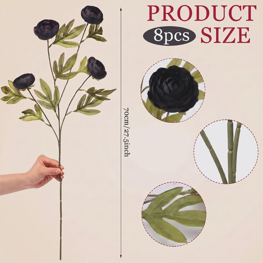 8 Pcs Artificial Silk Ranunculus Flower Long Stems, Black