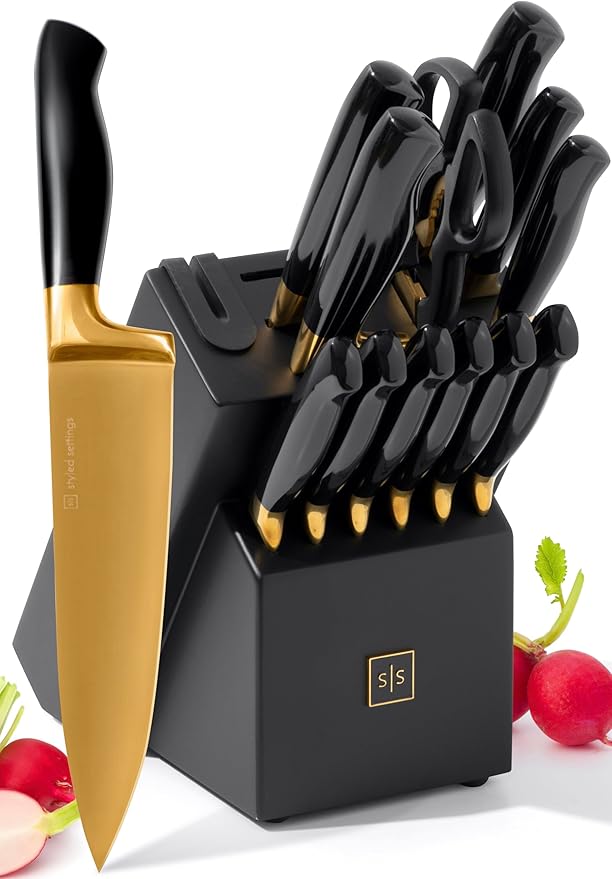 Black and Gold Knife Set with Block and Sharpener – 14-Piece Full Tang Golden by STYLEDSETTINGS