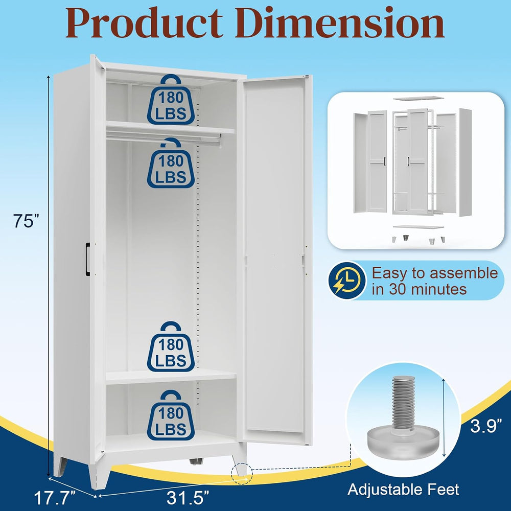 75"Tall Metal Armoire Wardrobe Closet with Hanging Rod & 2 Shelves