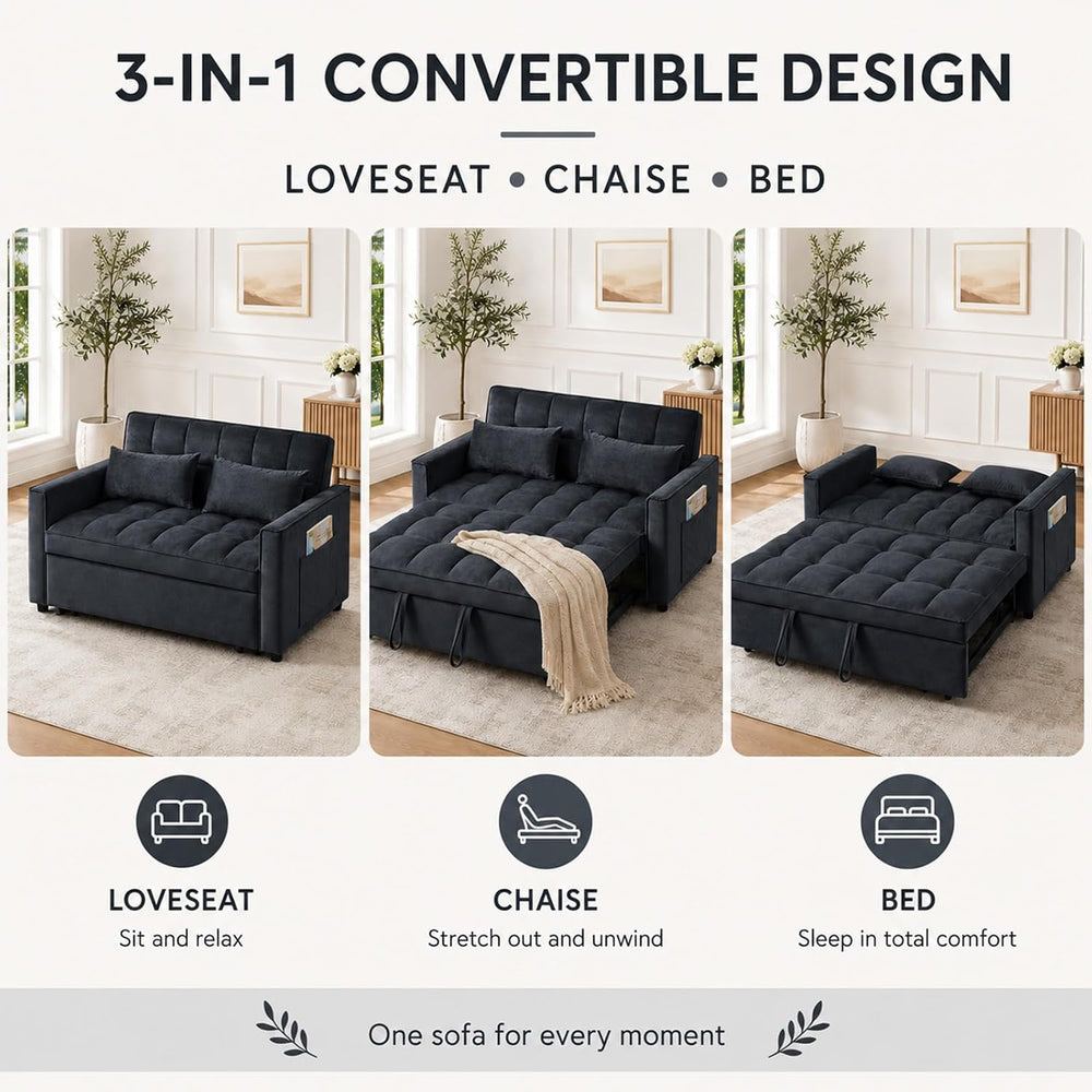 3 in 1 Pull Out Couch Bed, Convertible Futon Sofa Bed, Velvet Sleeper Lovesea...