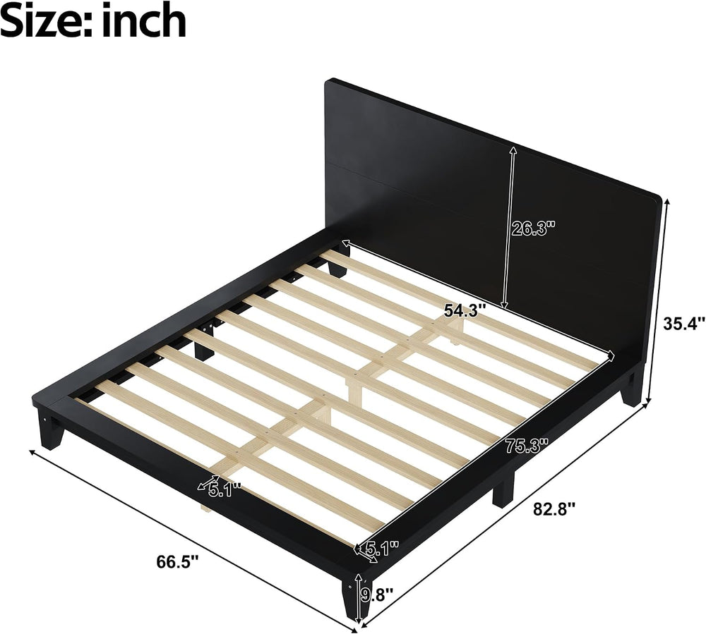 Full Size Japanese Wooden Bed Frame with Black Headboard