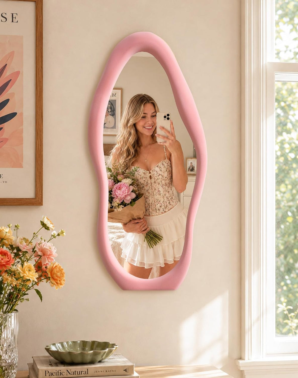 Irregular Wall Mirror Decor for Living Room Hallway,30x14",Soft Pink