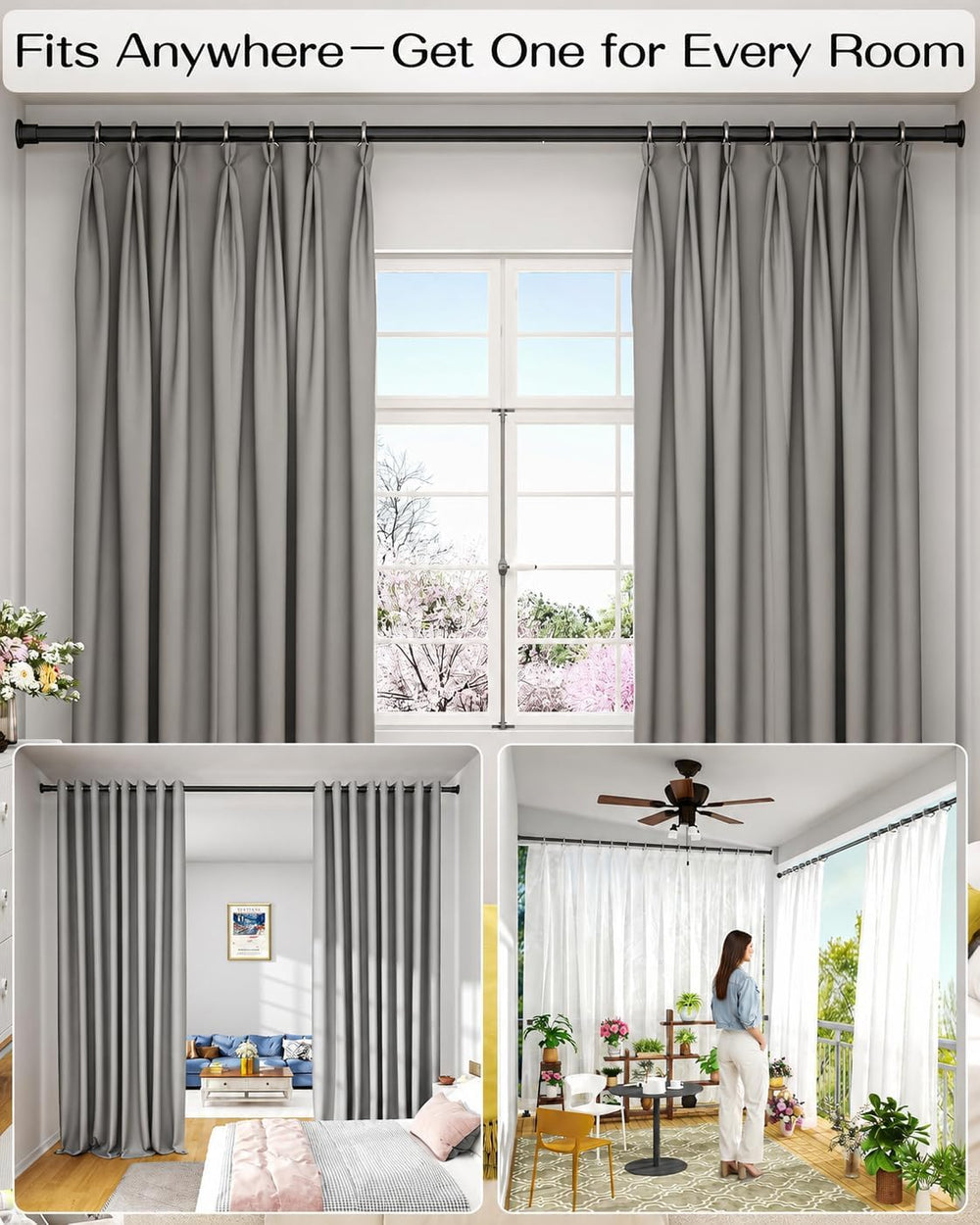 Tension Curtain Rod by EZFurni, 42-123 in, Curtain Rods No Drilling