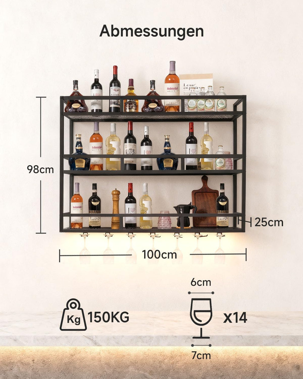 Wall-Mounted Wine Rack, 39" Metal Bar Shelves with Bottle Glass Holder |...