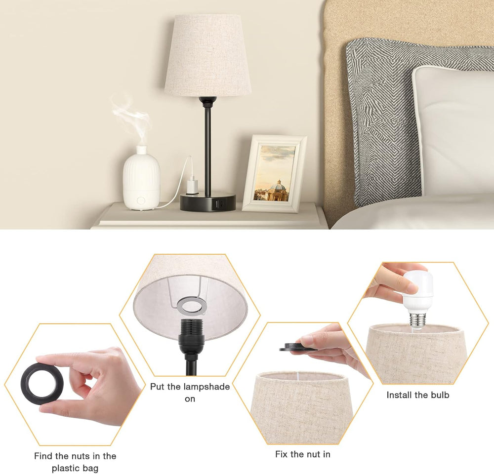 Bedside Table Lamps Set 2 for Bedroom - Dimmable Touch, USB C+A, AC Outlet